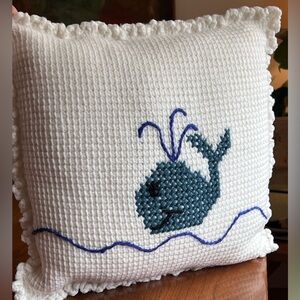 Whale Embroidered White Accent Pillow